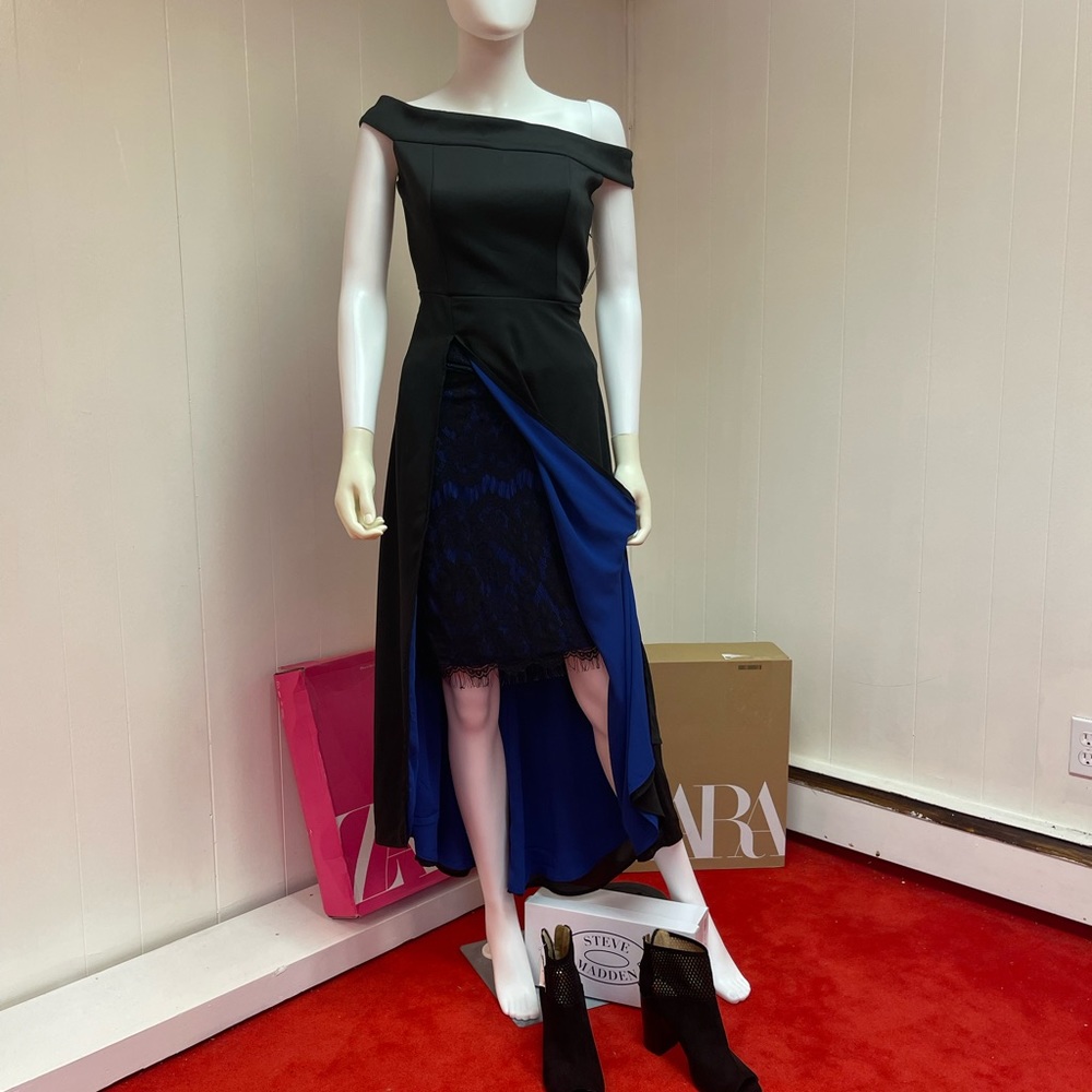 NEW York & Company Off The Shoulder High-Low Evening Dress S Black Blue